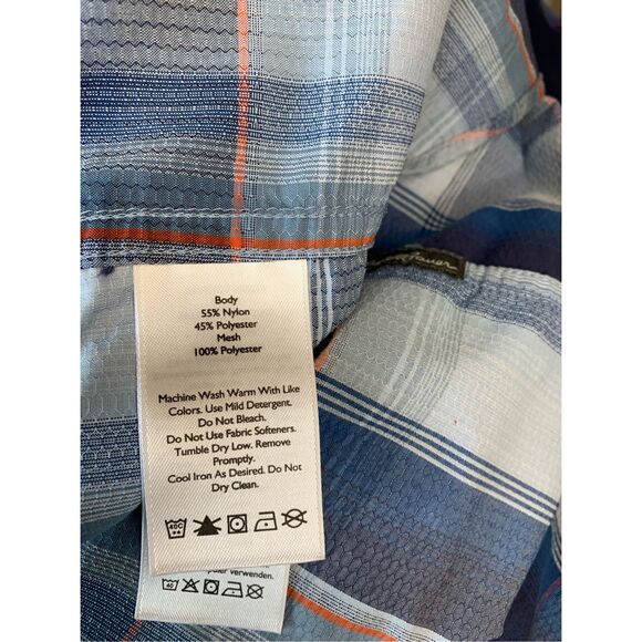 Eddie Bower Mens Button Up Shirt Blue Plaid Short Sleeve Pockets Large - Picture 4 of 4